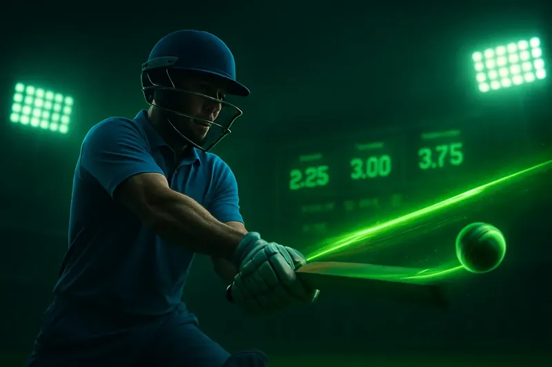Batsman in blue jersey hits shot with neon ball trail, digital odds