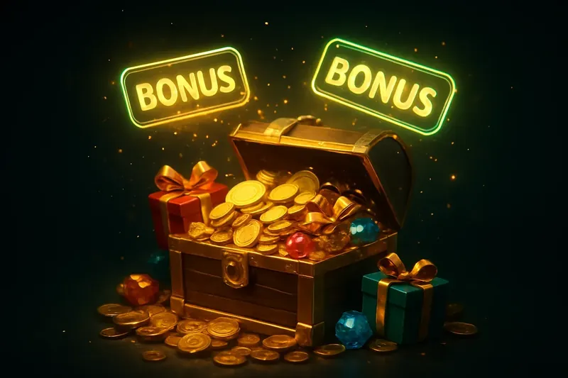 Golden treasure chest bursting with coins, gems, gifts, and bonus tags