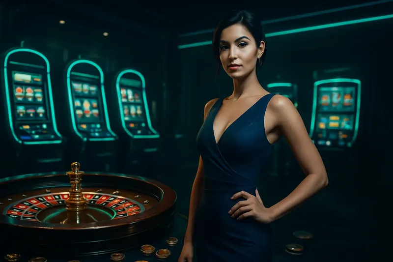 Confident woman in evening dress near roulette and slot machines