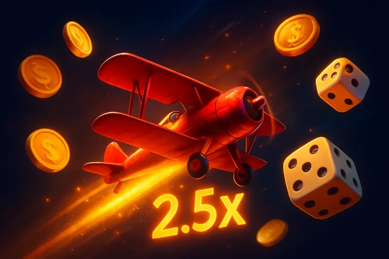 Red airplane soaring with glowing multiplier trail, coins and dice floating