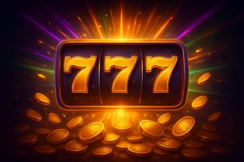 Golden 777 Jackpot Slot machine jackpot with golden 777 symbols, coins, and neon light beams
